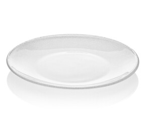 Plate on a white isolated background. Side view, reflection. Small flat round plate.