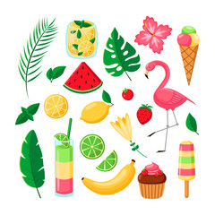 Different beach party elements vector illustrations set. Collection of drawings of cocktails, fruit, flamingo, flowers. Summer holiday, decoration, nature, paradise, food concept for greeting card