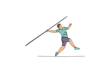 One continuous line drawing of young sporty man exercise to run stance before throw javelin on the field. Athletic games. Olympic sport concept. Dynamic single line draw design vector illustration