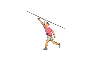 One single line drawing of young energetic man exercise long throwing javelin with power vector graphic illustration. Healthy lifestyle athletic sport concept. Modern continuous line draw design