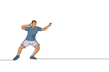 Fototapeta na wymiar One continuous line drawing young sporty man exercising a stance before throw shot put on the field. Athletic games. Olympic sport concept. Dynamic single line draw graphic design vector illustration