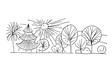 Landscape forest trees bushes hills sun glade coloring book for children sketch doodle separately on a white background