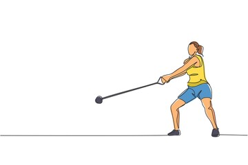 One continuous line drawing of young sporty woman exercise to focus before throw heavy hammer on the field. Athletic games. Olympic sport concept. Dynamic single line draw design vector illustration