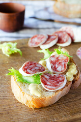 Sandwich with Catalan thin sausage with mold - fuet, on a wooden cutting board. Vertical orientation.