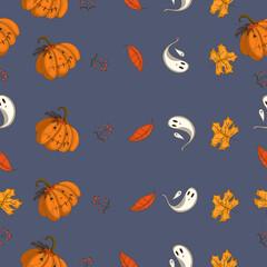 Autumn seamless pattern on a dark blue background with cozy autumn leaves, big pumpkins and ghosts. Hand drawn autumn leaves and pumpkins. Texture for scrapbooking, wrapping paper, invitations.
