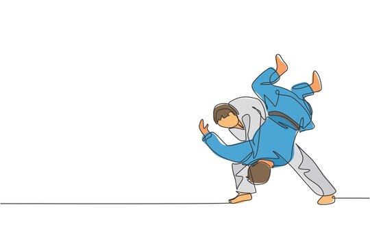 recommend clip art: One single line drawing of two young energetic judokas fighter men battle fighting at gym center vector graphic illustration. Martial art sport competition concept. Modern continuous line draw design