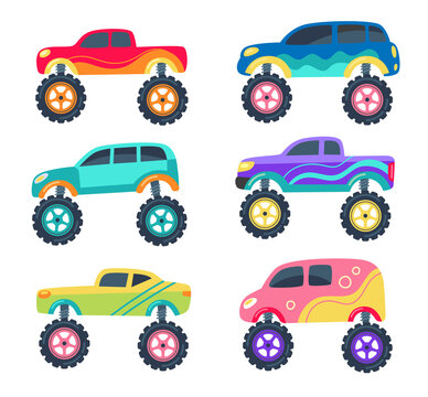 Monster trucks as toys for children vector illustrations set. Collection of childish cartoon drawings of retro race cars with big wheels isolated on white background. Transport concept