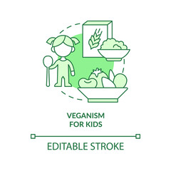 Veganism for kids green concept icon. Essential nutrients. Vegan lifestyle abstract idea thin line illustration. Isolated outline drawing. Editable stroke. Arial, Myriad Pro-Bold fonts used