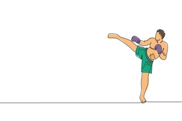 One single line drawing of young energetic man kickboxer practice side kick in boxing arena graphic vector illustration. Healthy lifestyle sport concept. Modern continuous line draw design