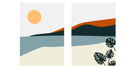 Collection of modern minimalistic simple abstract landscapes: beach, sea, sun, hills and monstera leaves on the background