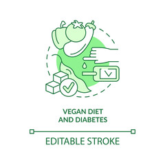 Vegan diet and diabetes green concept icon. Blood sugar level. Veganism and illness abstract idea thin line illustration. Isolated outline drawing. Editable stroke. Arial, Myriad Pro-Bold fonts used