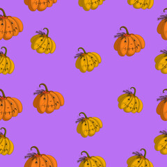 Autumn seamless pattern on a lilac background with cozy pumpkins. Hand drawn autumn pumpkins and coziness. Texture for scrapbooking, wrapping paper, invitations.