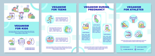 Vegan lifestyle for everyone brochure template. Plant based nutrition. Leaflet design with linear icons. 4 vector layouts for presentation, annual reports. Arial-Black, Myriad Pro-Regular fonts used
