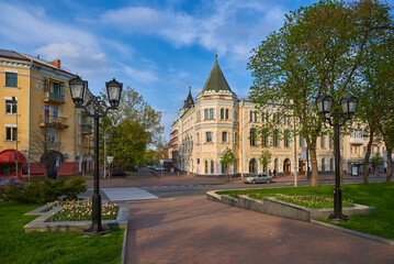 Fototapeta na wymiar Building of Chernihiv Regional Philharmonic Center of festivals and concert programs in spring