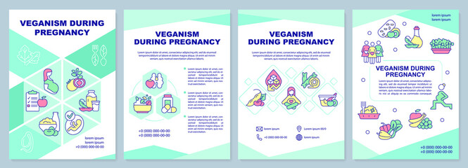 Fototapeta na wymiar Veganism during pregnancy brochure template. Balanced nutrition. Leaflet design with linear icons. 4 vector layouts for presentation, annual reports. Arial-Black, Myriad Pro-Regular fonts used