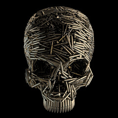 Bullet skull rifle metaphor - 3D illustration of long gun ammunition forming human cranium isolated on black studio background - 498720552