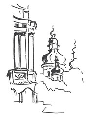Hand drawn ink and pen sketch landscape of bell tower fragment and dome of the cathedral in Chernihiv. Vector autotrace