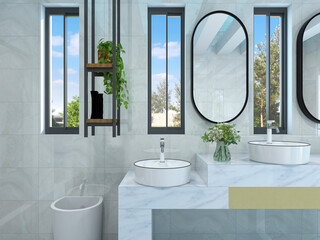 3d illustration, clean and tidy toilet with washing, bathroom and other equipment