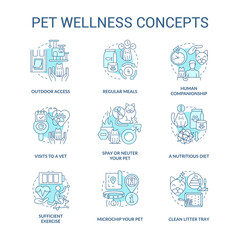 Pet wellness turquoise concept icons set. Feline and canine wellbeing idea thin line color illustrations. Regular meals. Isolated symbols. Editable stroke. Roboto-Medium, Myriad Pro-Bold fonts used