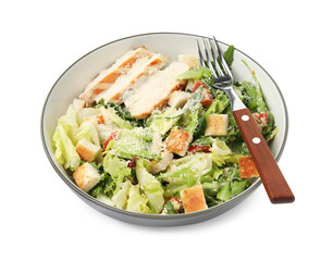 Delicious Caesar salad in bowl isolated on white