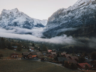 Drone shoot snow covered mountains in winter in Grindelwald