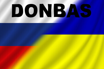 Donbas. Conflict between Ukraine and Russia. Image of the flag of Russia and the flag of Ukraine with the word Donbas written on it. Horizontal image with space for text. Stop the fire.
