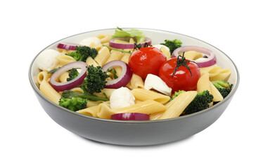 Bowl of delicious pasta with tomatoes, onion and broccoli on white background