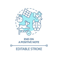 End on positive note turquoise concept icon. Obedience training for puppy abstract idea thin line illustration. Isolated outline drawing. Editable stroke. Arial, Myriad Pro-Bold fonts used