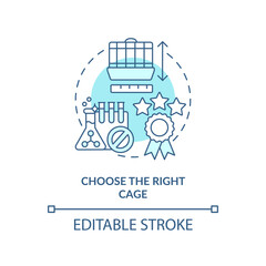 Choose right cage turquoise concept icon. Keeping small animals healthy abstract idea thin line illustration. Good space. Isolated outline drawing. Editable stroke. Arial, Myriad Pro-Bold fonts used