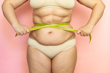 Cropped overweight naked after birth woman tummy in lingerie, trying lose weight. Holding and...
