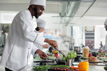 Food industry worker preparing meal in restaurant professional kitchen. Skilled head chef stirring...
