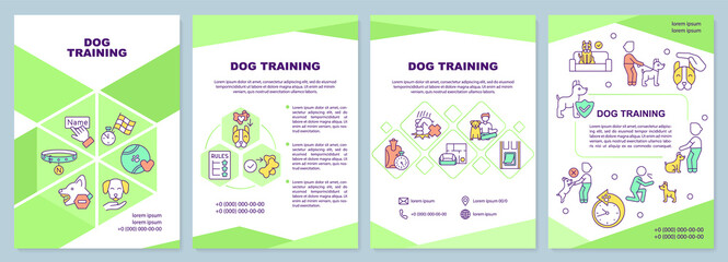 Fototapeta na wymiar Dog training green brochure template. Dog obedience class. Leaflet design with linear icons. 4 vector layouts for presentation, annual reports. Arial-Black, Myriad Pro-Regular fonts used
