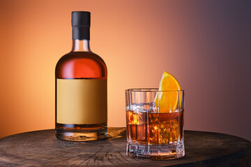 Bottle and glass with blended malt scotch whisky