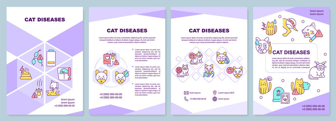 Cat diseases purple brochure template. Symptoms and treatment. Leaflet design with linear icons. 4 vector layouts for presentation, annual reports. Arial-Black, Myriad Pro-Regular fonts used