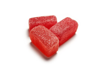 Marmalade sweets isolated on white, a group of pink marmalade sugar jelly candies isolated on white