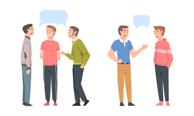 Communicating people. Male friends or colleagues chatting and talking with dialogue speech bubbles cartoon vector illustration