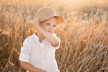 cute smiling child boy in straw hat having fun in wheat field on summer sunset. cottage core concept