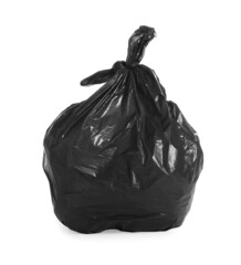 Black trash bag full of garbage isolated on white