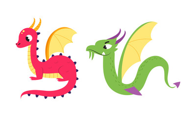 Cute baby dragons set. Funny green and red fairytale creatures cartoon vector illustration