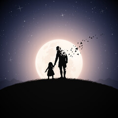 Father and daughter silhouette. Death and afterlife. Full moon night