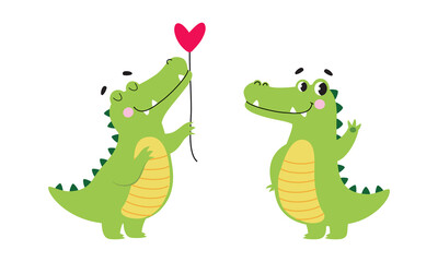Fototapeta Cute friendly green crocodiles set. Lovely baby alligators cartoon vector illustration obraz