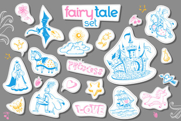 Fairy tale childish sticker set with doodle hand drawn castle, unicorn, flowers, princess, heart, dragon, knight. Cute Vector art for kid stationery, fabric design, apparel print, party accessories