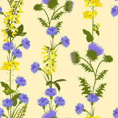 Vector pattern with cornflowers, thistle, field flowers on a beige background.