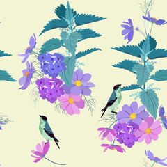 Wildflowers and birds on a light background. Summer seamless vector illustration.