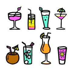 Colored cocktails doodle set. Vector illustration. Summer bar