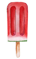 Ice cream of red juicy watermelon. Watercolor tropical fruit illustration