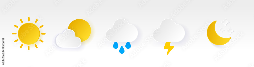 Wall mural colorful 3d soft ui weather icons set fill style, weather icons isolated on white background. clouds