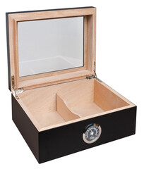 Open Black Wooden Humidor Cigar Box with Hygrometer