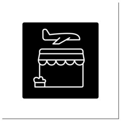 Retail store glyph icon. Retailing before flight.Pointer. Selling customers goods and services. Airport terminal concept.Filled flat sign. Isolated silhouette vector illustration