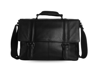 Stylish black leather briefcase isolated on white